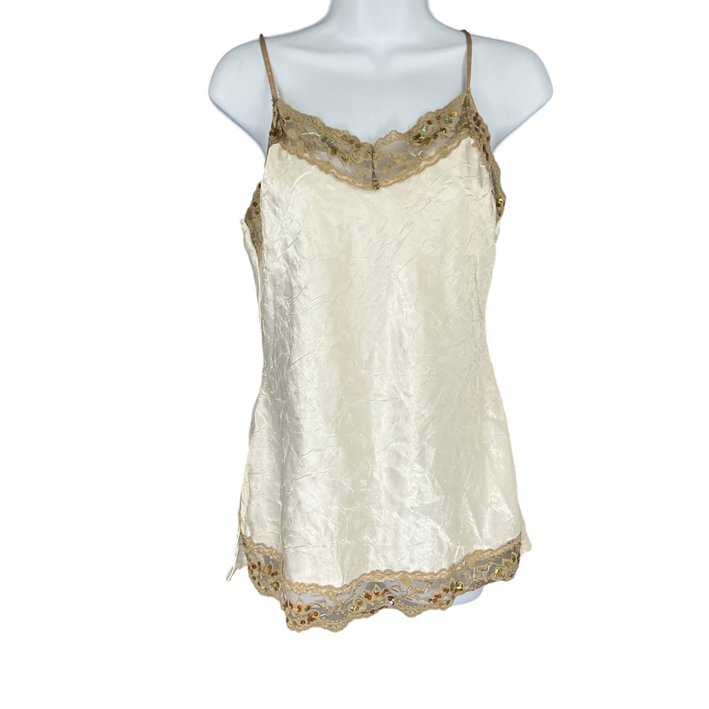 No Boundaries Ivory Crushed‎ Satin Lace Sequin Cami Top Sz L Y2K Style Boho